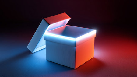 Surprise awaits as a beautifully lit gift box is opened during a special occasion Generative AIの素材