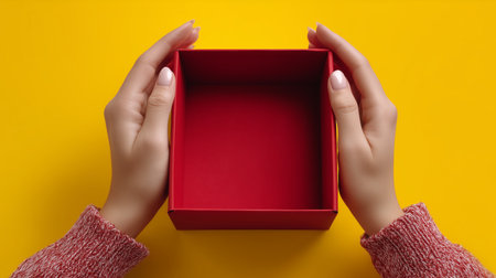 Hands holding an open red box on a bright yellow background Generative AIの素材