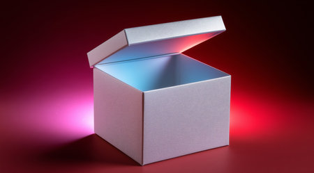 Gift box waiting to be opened with colorful lighting effects in the background Generative AIの素材