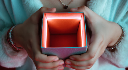 Delivery parcel box held open in hands, ready for contents or surprise Generative AIの素材
