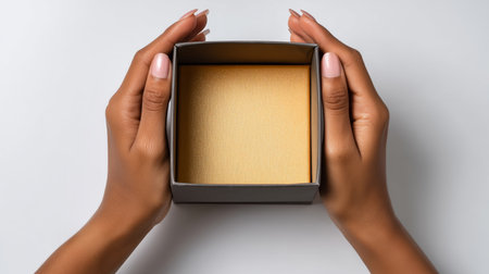 Hands opening a box revealing a smooth, gold interior during an unboxing event Generative AIの素材
