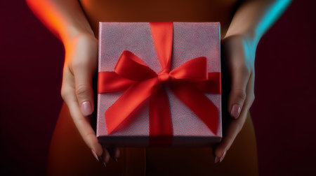Gift box delivery being held by hands in a colorful setting Generative AIの素材