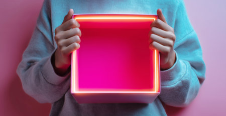 Hands holding an open delivery box against a vibrant pink background Generative AIの素材
