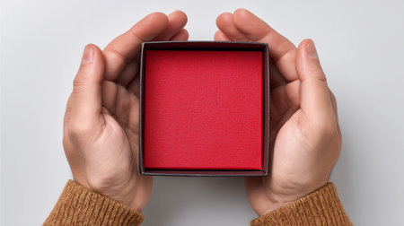 Hands opening a small delivery box with a red interior for an unexpected surprise Generative AIの素材