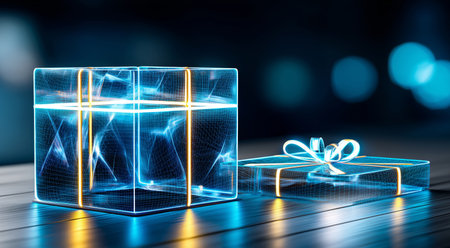 Gift box delivery on a smooth wood surface in a cozy setting. Generative AIの素材