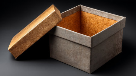 Opened gift box revealing the interior of a parcel sitting on a dark surface Generative AIの素材