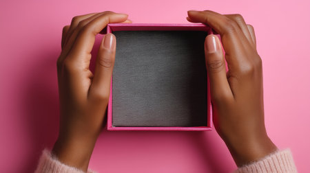 Hands holding an open delivery box on a pink background with empty interior Generative AIの素材