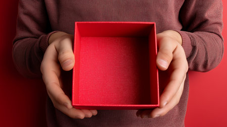 Hands holding an open red delivery box against a simple red background Generative AIの素材