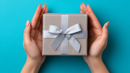 Hands holding an open delivery box with a ribbon on a turquoise background Generative AIの素材