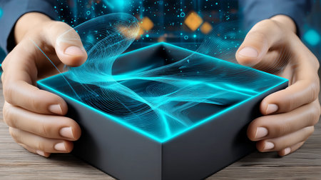 Hands opening a futuristic delivery box with glowing contents inside Generative AIの素材