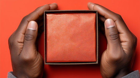 Hands holding a small open box against a vibrant red background Generative AIの素材