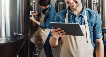 Beer production process at brewery. Man operating brewing equipment at beer making factory and using digital tabletの写真素材