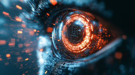 Close-up of a high-tech eye with glowing circuits, showcasing innovation and creativityの素材