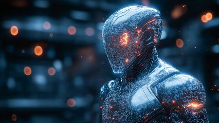A humanoid robot with detailed circuitry glows in a dimly lit roomの素材