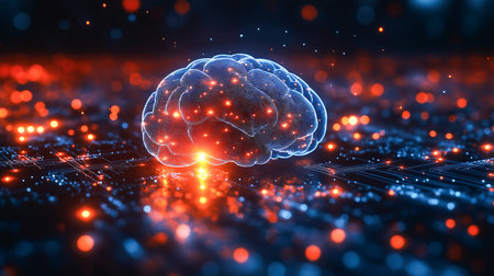 A glowing brain rests over circuits and lights, symbolizing intelligence and technologyの素材