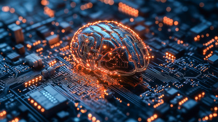 A glowing circuit brain among computer parts symbolizes technology and intelligence fusionの素材