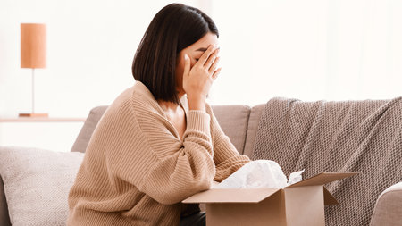 Sad young woman unpacking wrong parcel, delivery mistakeの写真素材