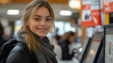 Smiling young woman uses a digital kiosk for services in a busy government officeの素材