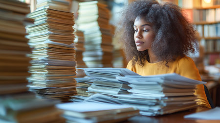 A government official reviews key paperwork amid towering stacks of documents in an officeの素材