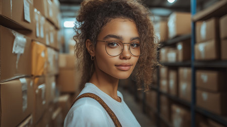 A young woman with curly hair and glasses looks at the camera while in a storage areaの素材