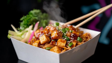 Delicious Plate of Spicy Tofu Noodles Served With Fresh Vegetables and Garnished With Herbs in an Asian Eatery Generative AIの素材