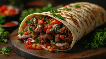 Delicious Beef Wrap Filled With Fresh Vegetables and Herbs Served on a Wooden Platter in an Inviting Restaurant Setting During the Evening Generative AIの素材
