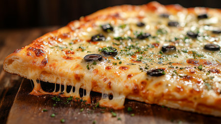 Delicious Cheese Pizza With Black Olives and Herbs Served on a Wooden Board at a Cozy Dining Setting During the Evening Generative AIの素材