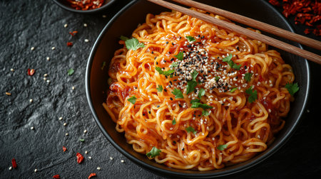 Noodles Served in a Bowl With Sesame Seeds and Chopped Herbs, Garnished With Chili Flakes for Flavor Enhancement Generative AIの素材