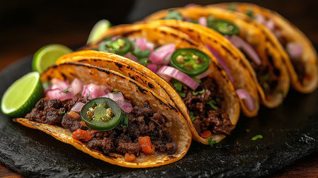 Savory Beef Tacos With Fresh Toppings Served on a Black Slate Plate at a Mexican Food Festival in the Evening Generative AIの素材