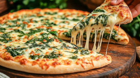 Delicious Cheesy Spinach Pizza Being Served on a Wooden Board With Fresh Herbs in the Background During a Cozy Dining Occasion Generative AIの素材