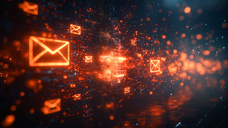 Bright orange email icons illuminate a dark background, showcasing digital communication pathwaysの素材