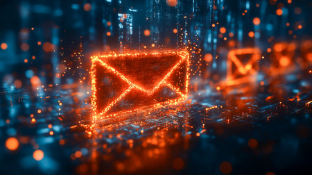 Glowing digital envelope floats in a vibrant cyber landscape filled with luminous elementsの素材