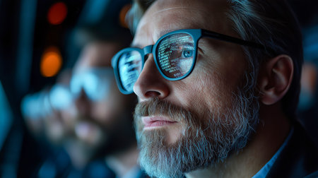 A focused individual examines complex data on multiple screens in a dimly lit officeの素材