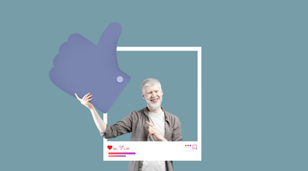 Engaging influencer showcasing thumbs up sign in social media collageの写真素材