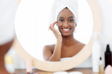 Procedures for beauty, youth and health. Reflection in mirrorの写真素材