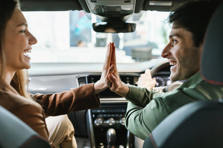 Excited young spouses celebrating purchase of new car, sitting inside modern auto, high fiving to each other at dealershipの写真素材