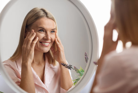 Beauty Concept. Portrait Of Attractive Mature Woman Looking At Mirror In Bathroomの写真素材