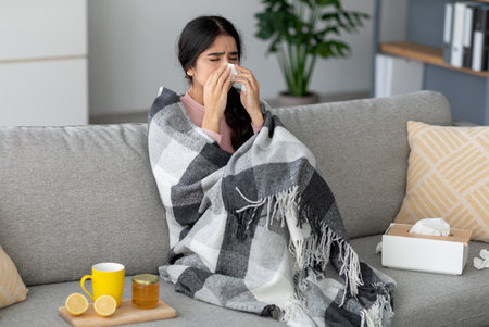 Unhappy young indian lady sneezes in napkin, blows nose, suffers from fever, flu on couch in room...