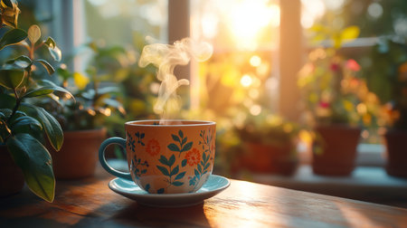 Enjoying a warm cup of tea surrounded by lush plants as sunlight filters through the windowの素材