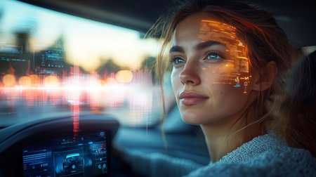 Woman interacting with voice assistant in advanced vehicle technology environment Generative AIの素材