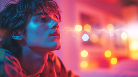 Exploring sound and visuals in a cozy room with a man and woman collaborating Generative AIの素材