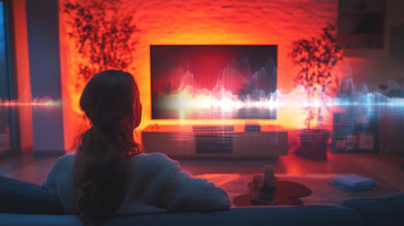 Modern home with a woman interacting with sound graphics on a TV using Generative AIの素材