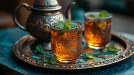 Mint tea is carefully prepared in elegant glasses with a vintage teapot and fresh mint garnishの素材