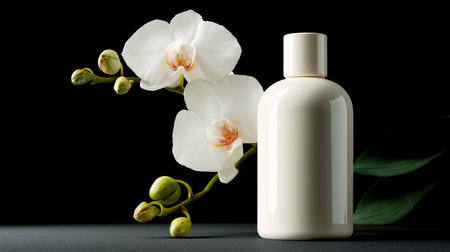 Elegant cosmetics bottle mockup with white orchids on geometric podium Generative AIの素材