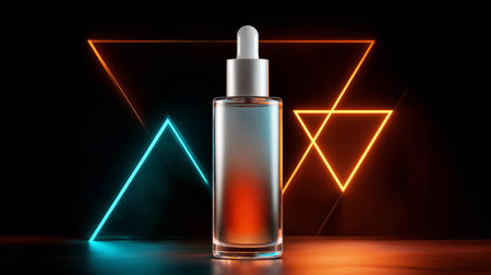Display of a sleek cosmetics bottle on a podium with geometric lighting effects Generative AIの素材
