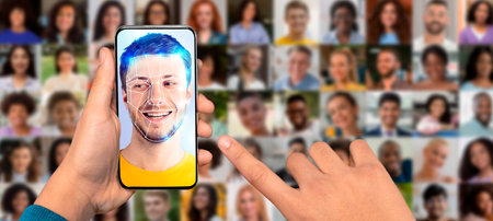 Technology showcases facial recognition on smartphone display while scanning