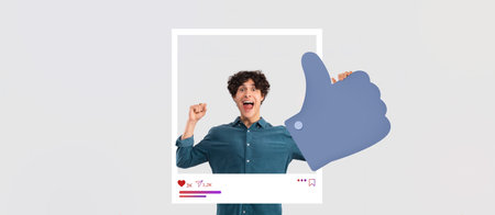 Man celebrating with thumbs up in social media-inspired collage backgroundの写真素材
