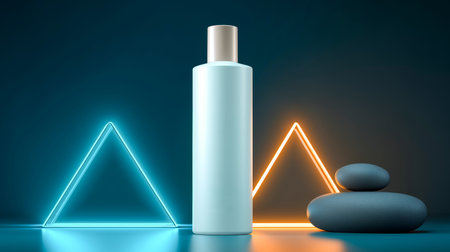 Cosmetic bottle mockup on geometric podium with illuminated shapes and stones Generative AIの素材