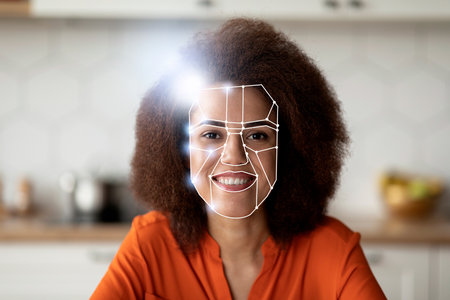 Modern facial recognition technology used for identification and checksの写真素材