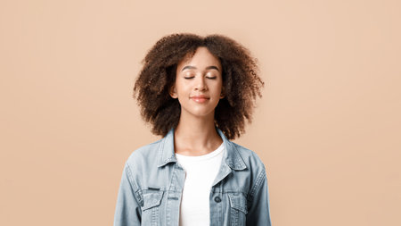 Meditating, relaxing, peaceful student blogger or freelancerの写真素材